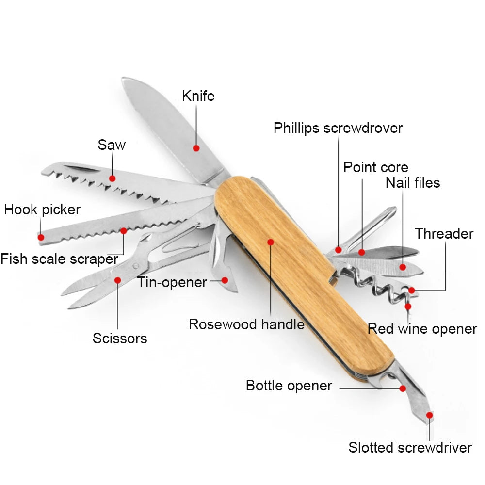 13-in-1 Folding Knife Multitool with Wood Handle