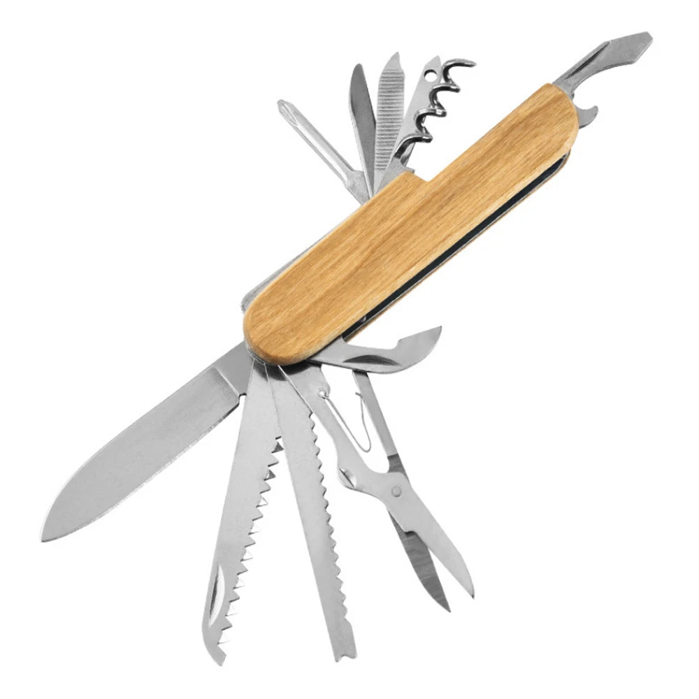 13-in-1 Folding Knife Multitool with Wood Handle