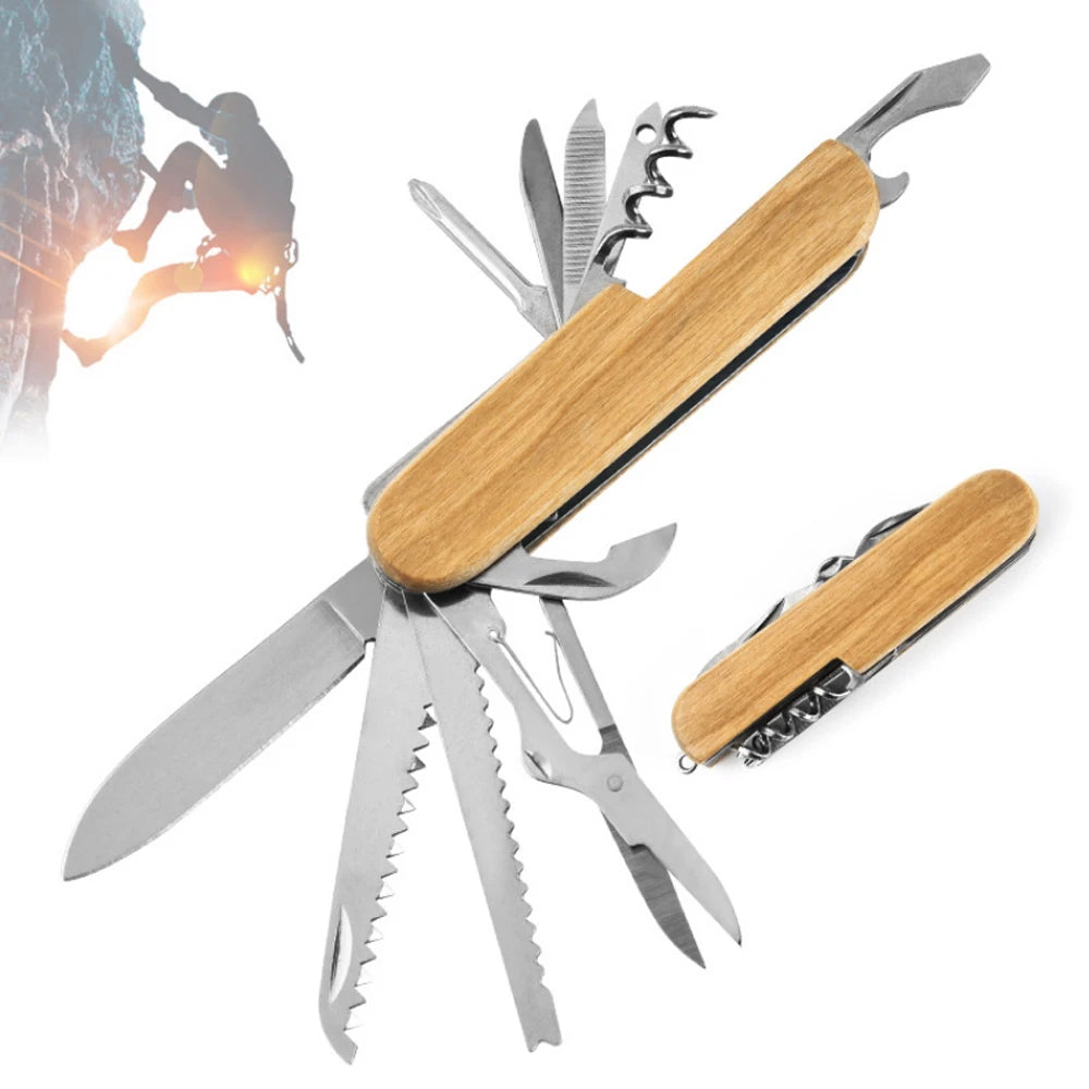 13-in-1 Folding Knife Multitool with Wood Handle