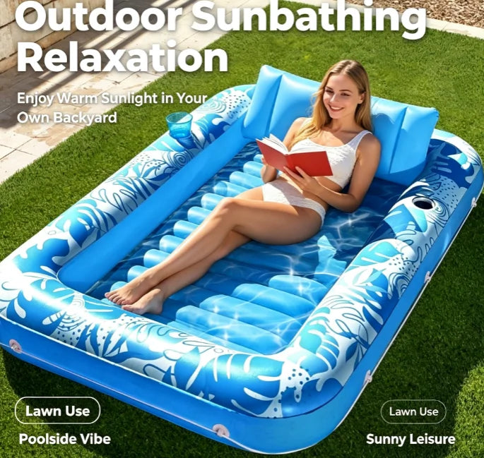 Inflatable Pool Float, Comfortable Water Lounger with Cushions and Cup Holders, Tropical Print Summer Pool Float Mat.