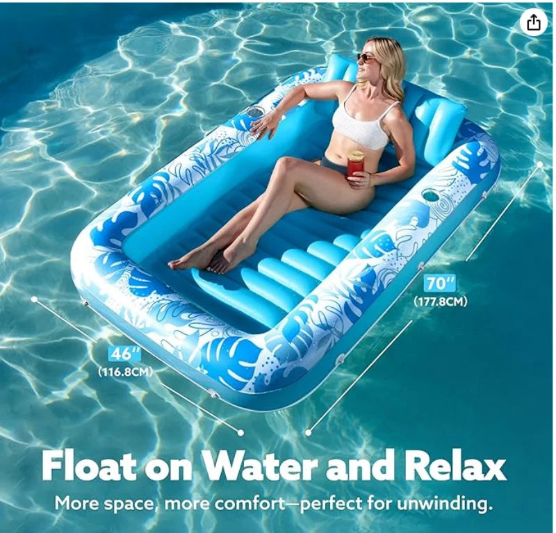 Inflatable Pool Float, Comfortable Water Lounger with Cushions and Cup Holders, Tropical Print Summer Pool Float Mat.