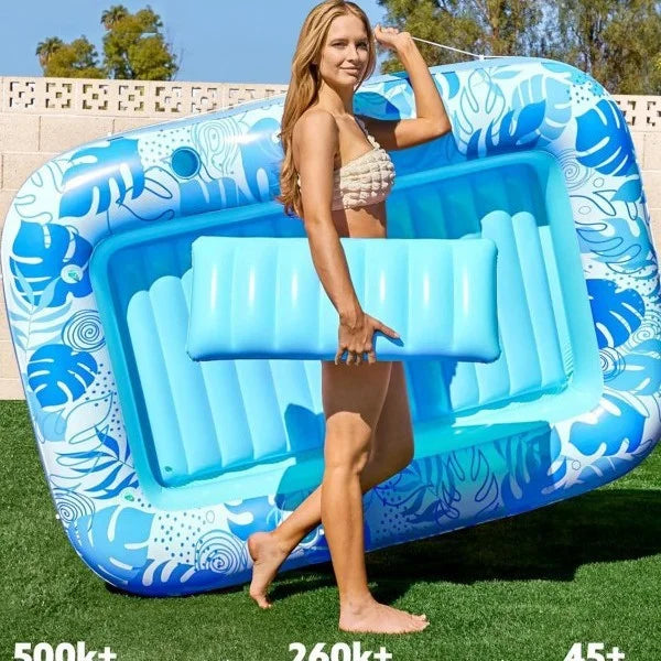 Inflatable Pool Float, Comfortable Water Lounger with Cushions and Cup Holders, Tropical Print Summer Pool Float Mat.
