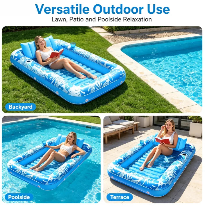 Inflatable Pool Float, Comfortable Water Lounger with Cushions and Cup Holders, Tropical Print Summer Pool Float Mat.