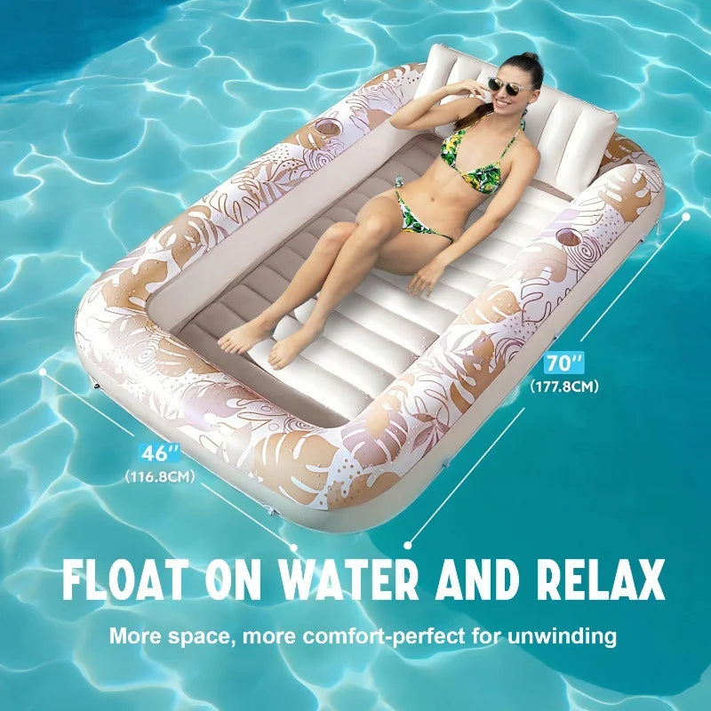 Inflatable Pool Float, Comfortable Water Lounger with Cushions and Cup Holders, Tropical Print Summer Pool Float Mat.