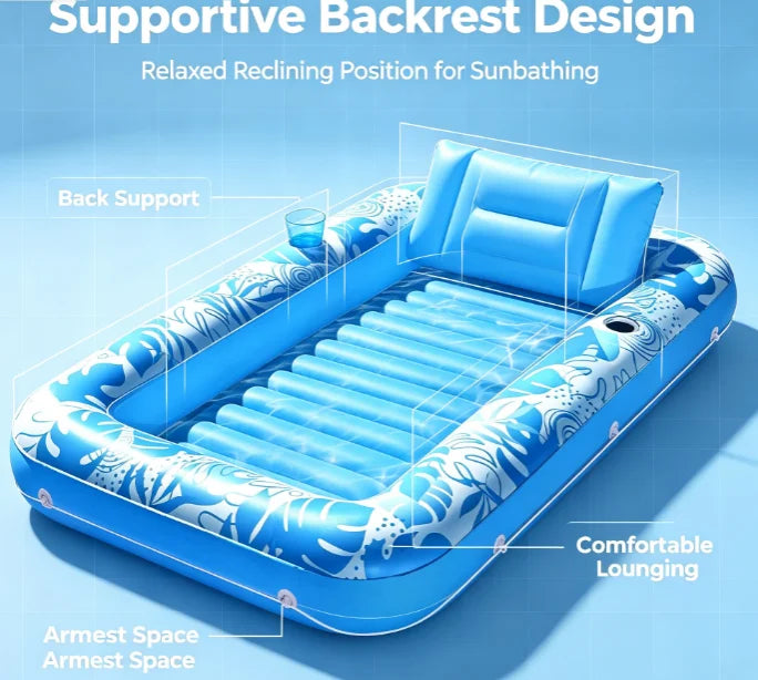 Inflatable Pool Float, Comfortable Water Lounger with Cushions and Cup Holders, Tropical Print Summer Pool Float Mat.