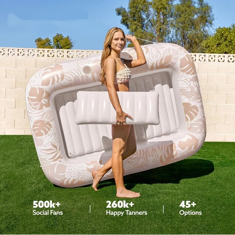 Inflatable Pool Float, Comfortable Water Lounger with Cushions and Cup Holders, Tropical Print Summer Pool Float Mat.
